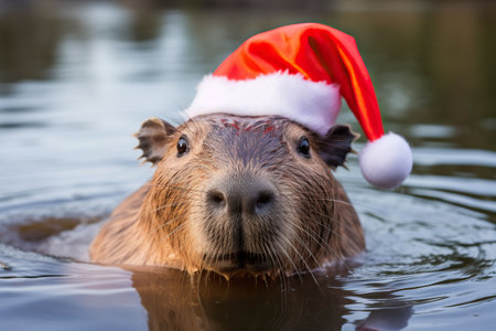 Capybara (Myocastor coypus) in Santa hat swimming in waterの写真素材