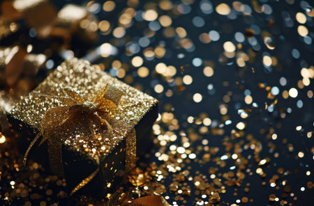 golden gift box on black background with bokeh and glitterの写真素材