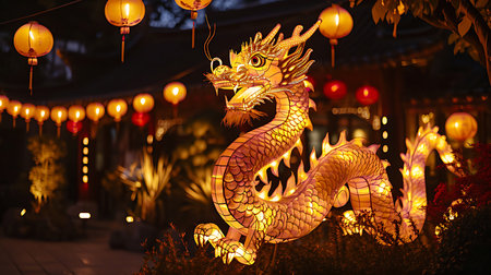 Golden dragon statue in chinese temple with lanterns at night.の写真素材