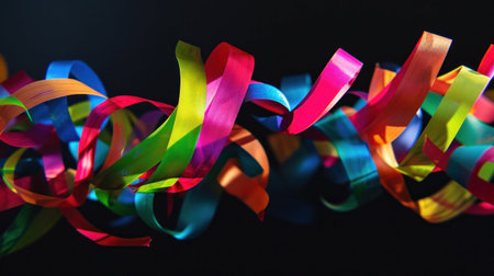 Colorful ribbons on a black background. Shallow depth of field