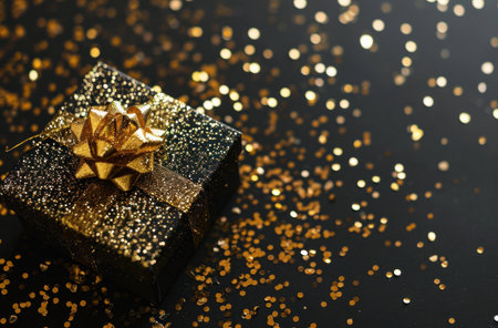 Gift box with gold ribbon on black background with golden bokehの写真素材