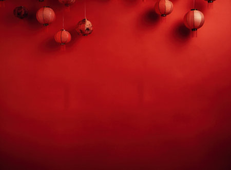Chinese lanterns hanging on red wall, 3d rendering. Computer digital drawing.