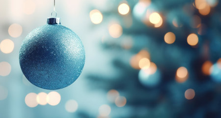 Blue christmas ball on bokeh background, winter holidays conceptの写真素材
