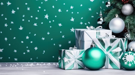 Christmas decoration with gift boxes and baubles on green background.の写真素材