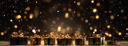 Christmas or New Year background with golden bokeh lights and gift boxesの写真素材