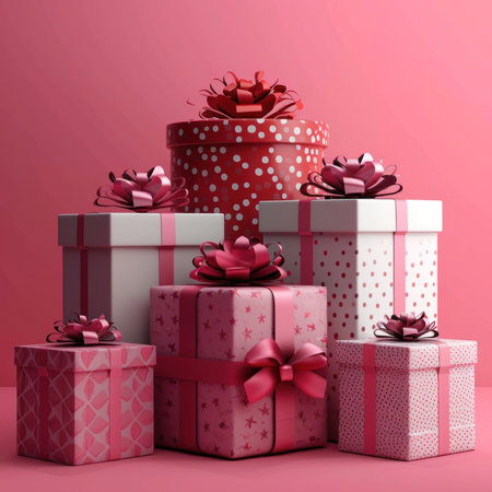 Gift boxes with red bows on pink background. 3D rendering.