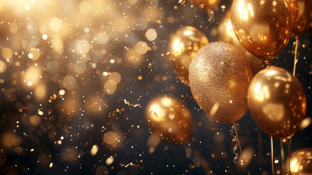 Golden balloons with bokeh effect on dark background. 3d renderingの写真素材