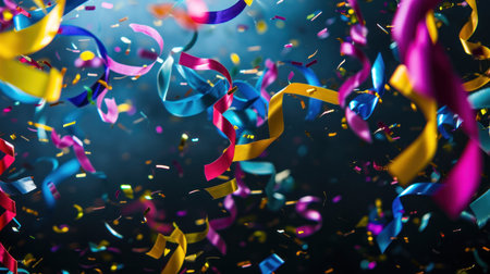 Colorful confetti and ribbons flying in the air on a dark backgroundの写真素材