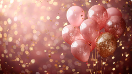 Holiday background with pink and golden balloons and confetti on bokehの写真素材