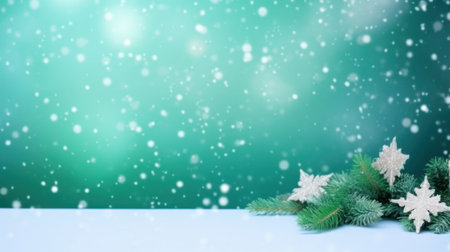 Christmas background with snowflakes and fir branches on a green backgroundの写真素材