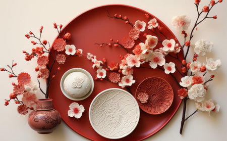 ceramic tableware with cherry blossom and sakura on white backgroundの写真素材