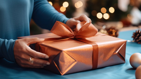 cropped shot of woman wrapping christmas present in paper at homeの写真素材