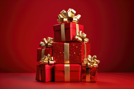 Red gift boxes with golden bows on red background. 3d renderingの写真素材