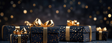 Gift boxes with golden bow on bokeh background, bannerの写真素材
