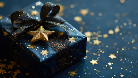 Gift box with golden stars on dark blue background. Holiday concept.
