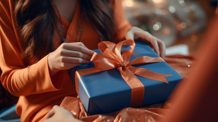 Cropped image of woman in orange sweater opening christmas gift box