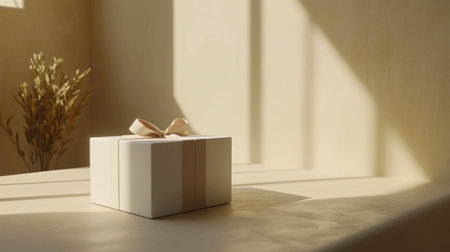 Gift box on the table in the sunlight. 3d renderingの写真素材
