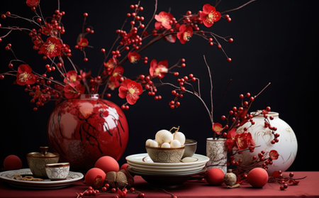 Chinese New Year table setting with plum blossom on black background.の写真素材