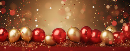 Christmas background with red and gold baubles, 3d renderの写真素材