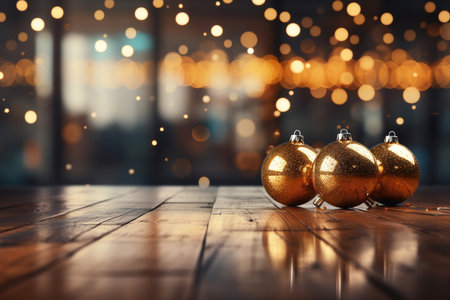 Christmas balls on wooden table in front of bokeh background.の写真素材