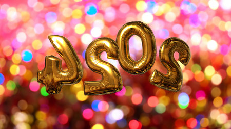 Happy New Year gold foil balloon number on bokeh backgroundの写真素材