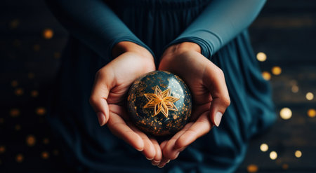 Female hands holding christmas ball on dark background with golden bokehの写真素材