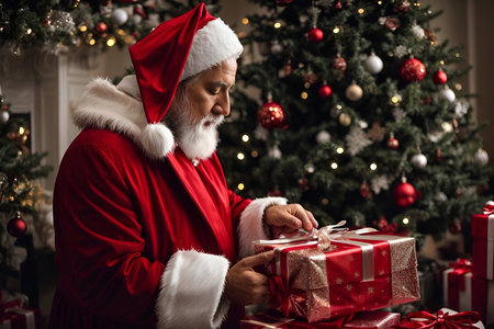 Santa Claus opening a gift box. Christmas and New Year concept.の写真素材