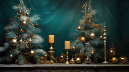 Christmas tree with candles and baubles on the background of a blue wall