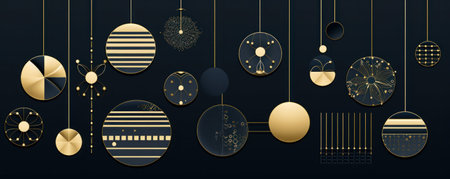Merry Christmas and Happy New Year background with gold and black balls.