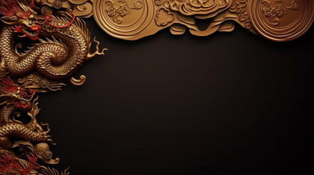 Chinese dragon on black background. 3D illustrations. Copy space.の写真素材