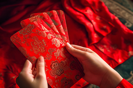Chinese New Year red envelopes in female hands on a red backgroundの写真素材