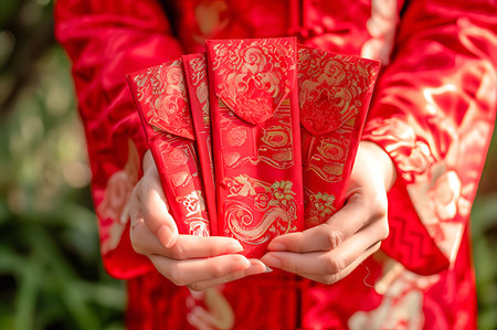 Chinese New Year red envelopes in the hands of a woman.の写真素材