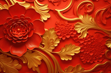 3d illustration of red and gold floral pattern on paper background.の写真素材