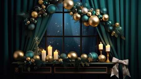 3d illustration of christmas interior with fireplace, garland and candlesの写真素材