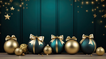 3D rendering Christmas background with gold and black baubles.の写真素材