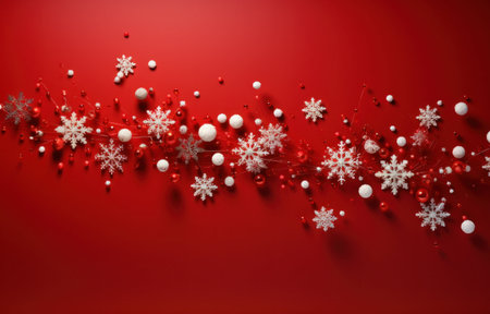 Christmas background with snowflakes and red balls on a red backgroundの写真素材