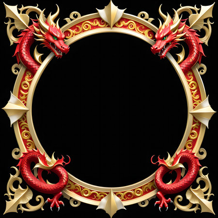 Illustration of golden frame with red dragon on black background with copy space