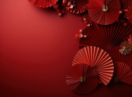 Chinese new year red paper fan background, 3d render illustration.の写真素材
