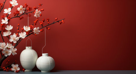 Chinese lanterns and cherry blossoms on a red background with copy spaceの写真素材