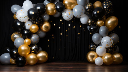 3d render of black, white and gold balloons with golden lights on a stage in the studioの写真素材
