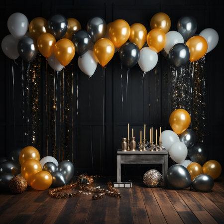 Festive background with golden and silver balloons and candles. 3d renderの写真素材