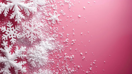 Christmas background with snowflakes on a pink background. Copy space.の写真素材