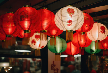 Chinese paper lanterns in chinese temple, close up view.の写真素材