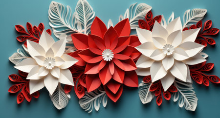 Paper art poinsettia flower on blue background. 3d illustrationの写真素材