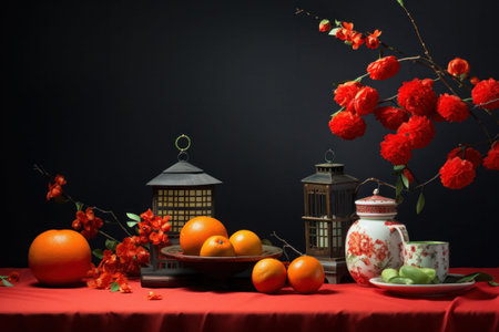 Chinese New Year Decoration with Chinese Lanterns, Red Flowers, Orangeの写真素材