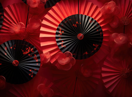 Red paper fan on a red background. 3d rendering, 3d illustration.の写真素材