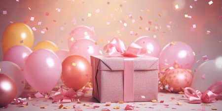 Gift box and balloons with confetti on bokeh backgroundの写真素材