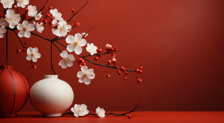 Beautiful cherry blossom branch and vase on red background.の写真素材