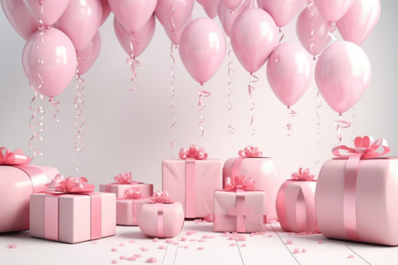 Pink balloons and gift boxes on white wooden floor. 3D renderingの写真素材