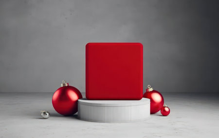 Red christmas baubles and red podium on white marble tableの写真素材